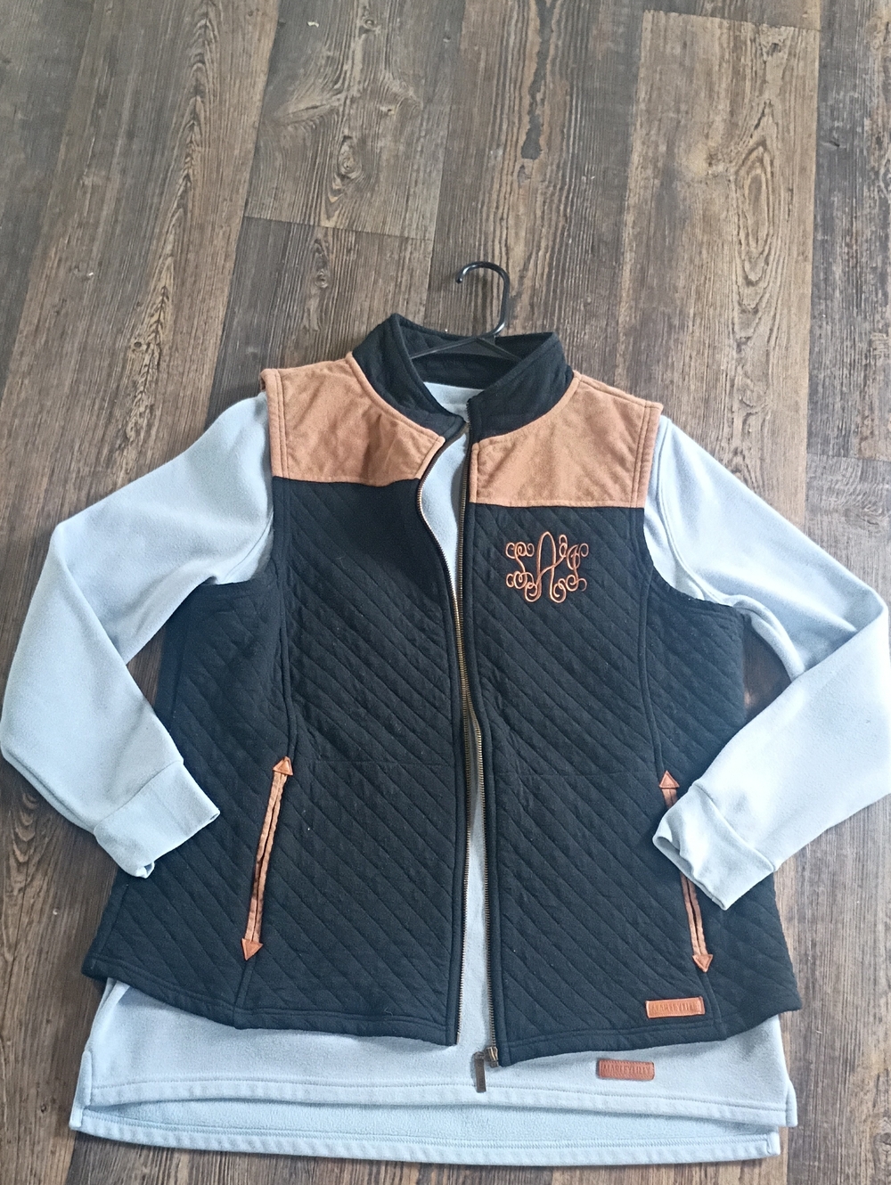 Quilted Black and Tan Zip-Front Vest with Monogram